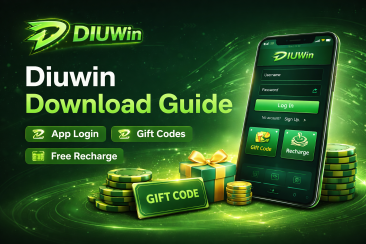 Diuwin download guide banner showing app login screen, gift code and free recharge options