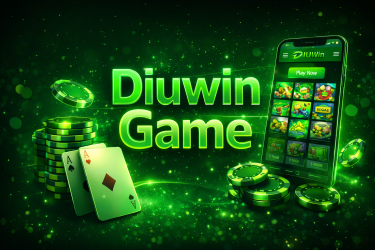 Neon green Diuwin Game banner with mobile gaming app interface, casino chips and playing cards